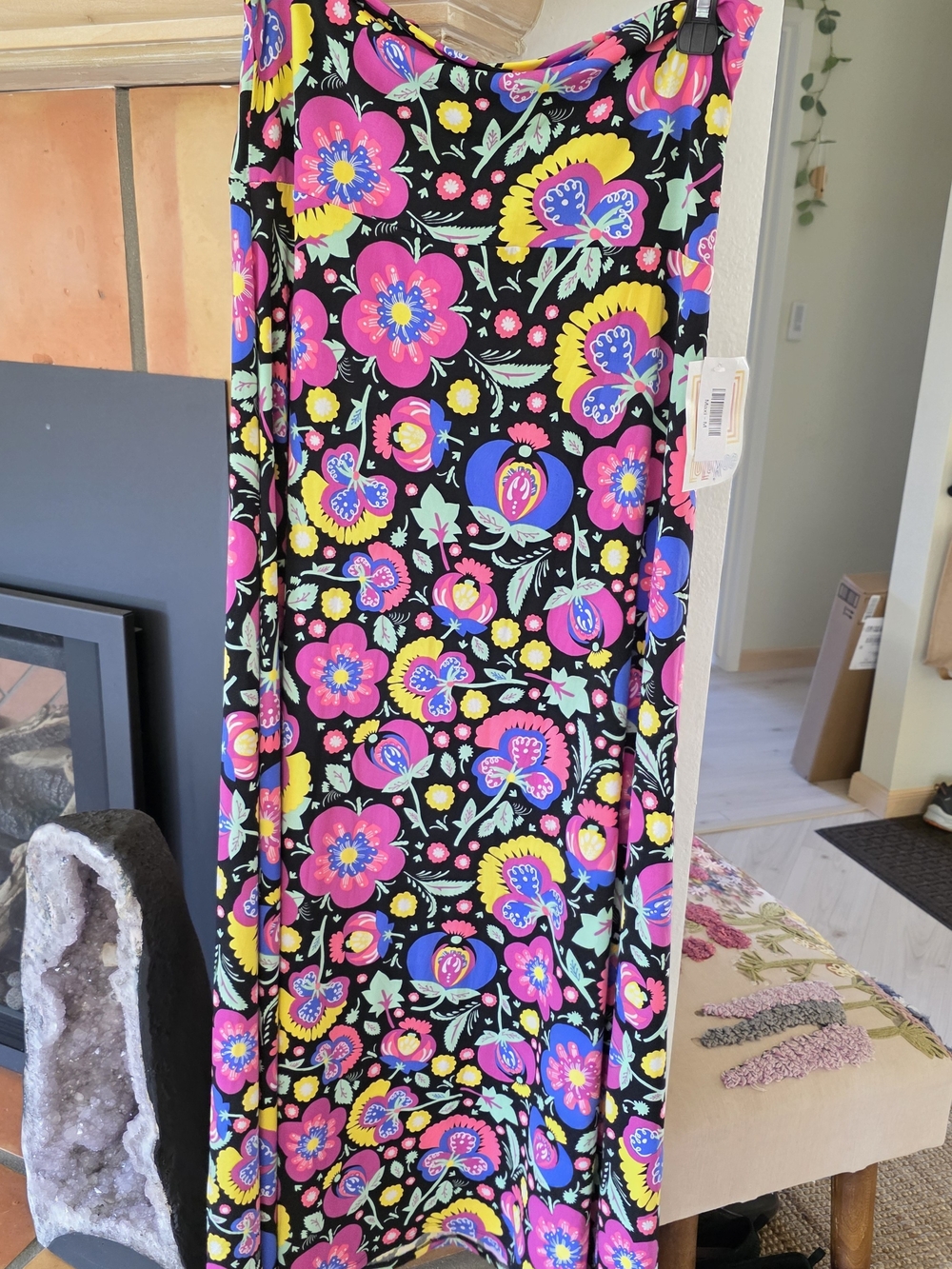 LuLaRoe M Black Maxi Skirt with Bright Pink, Yellow & Blue Floral Print